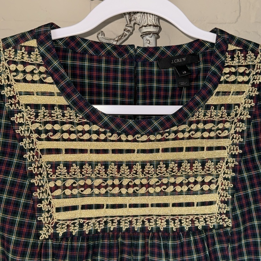 J.Crew Women's Plaid Gold Embroidered Peasant Woven Top XS NEW H3478 Holiday - Picture 3 of 9